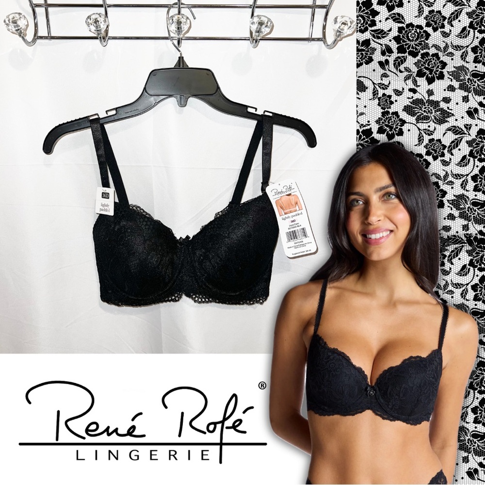 Rene Rofé Lingerie Black Lace Lightly Padded Push Up Lace Bra 36D